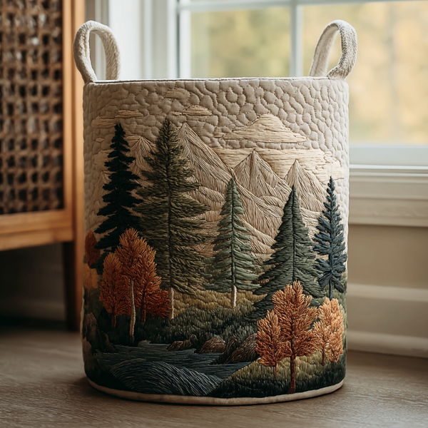 Quilted laundry basket with layered mountain ridges above a still lake in the Mountain View design
