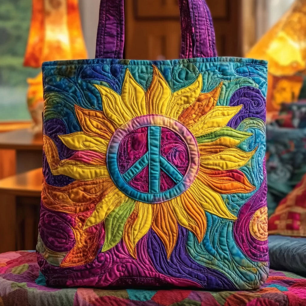 Sunny Peace Sunflower quilted tote bag – teal peace sunflower