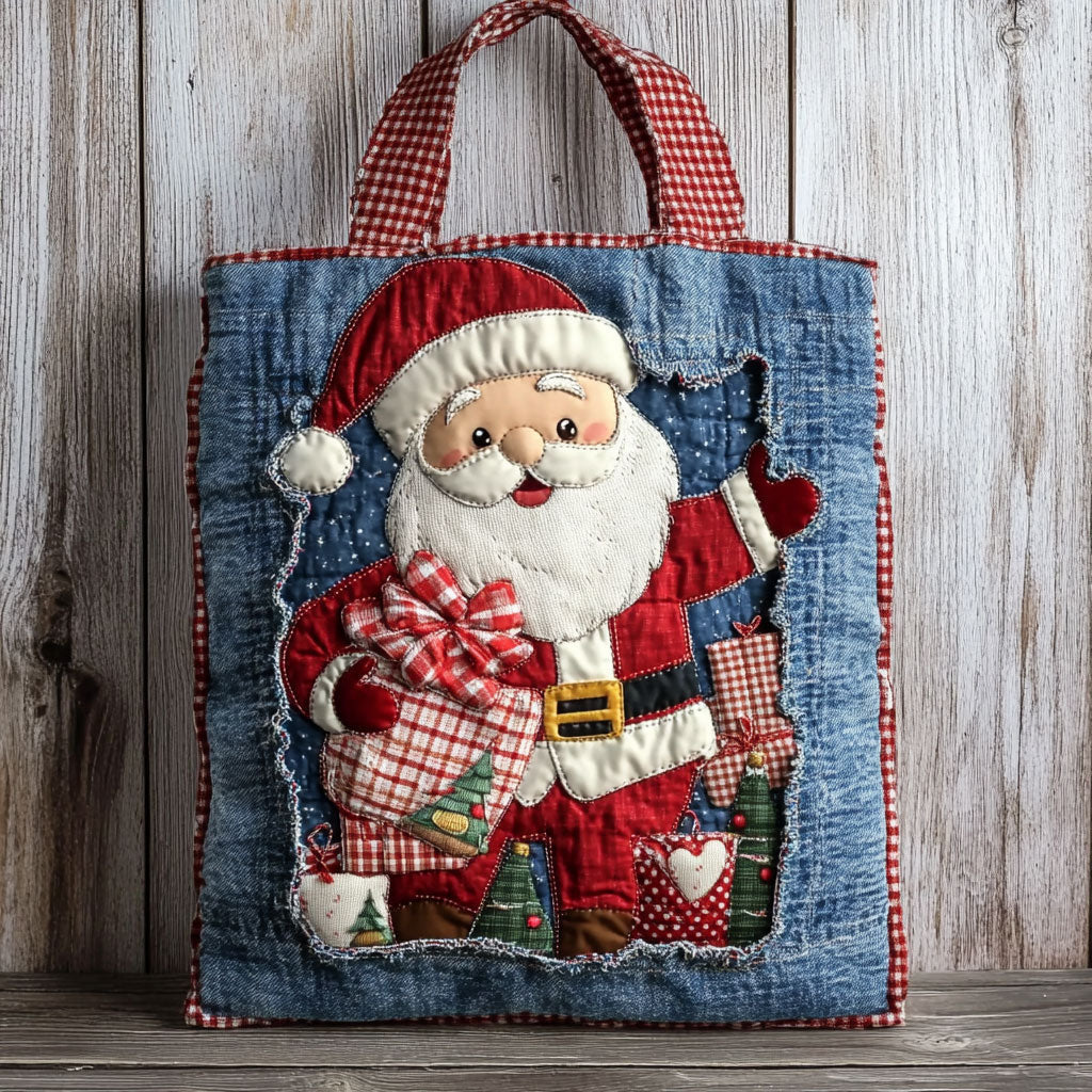 Country Santa quilted tote bag – santa on denim