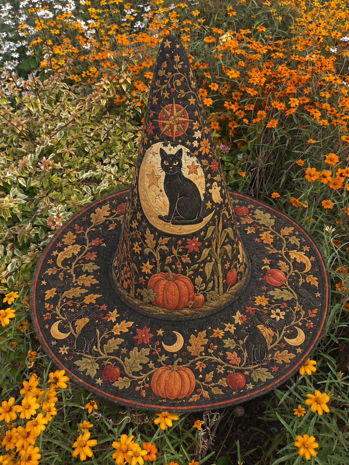Black Cat Pumpkin Garden quilted witch hat – black cat with pumpkins