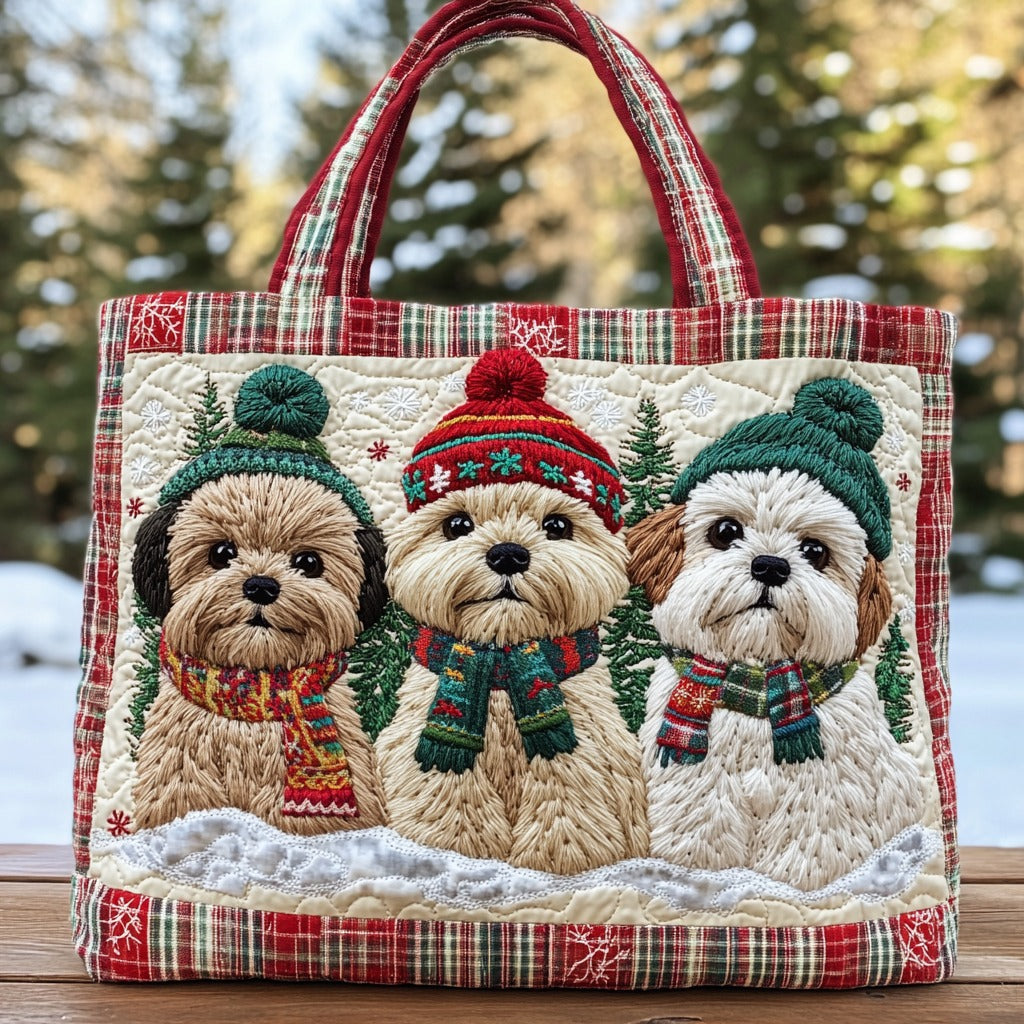 Pawlidays quilted tote bag – dogs in bobble hats