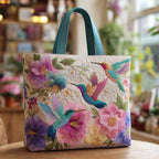 Hummingbird Garden Bloom quilted tote bag – hummingbirds in garden