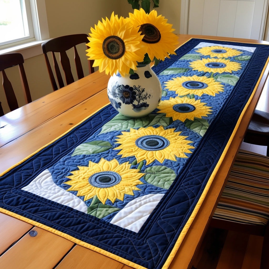 Navy Sunflower Strip quilted table runner – sunflowers framed in navy