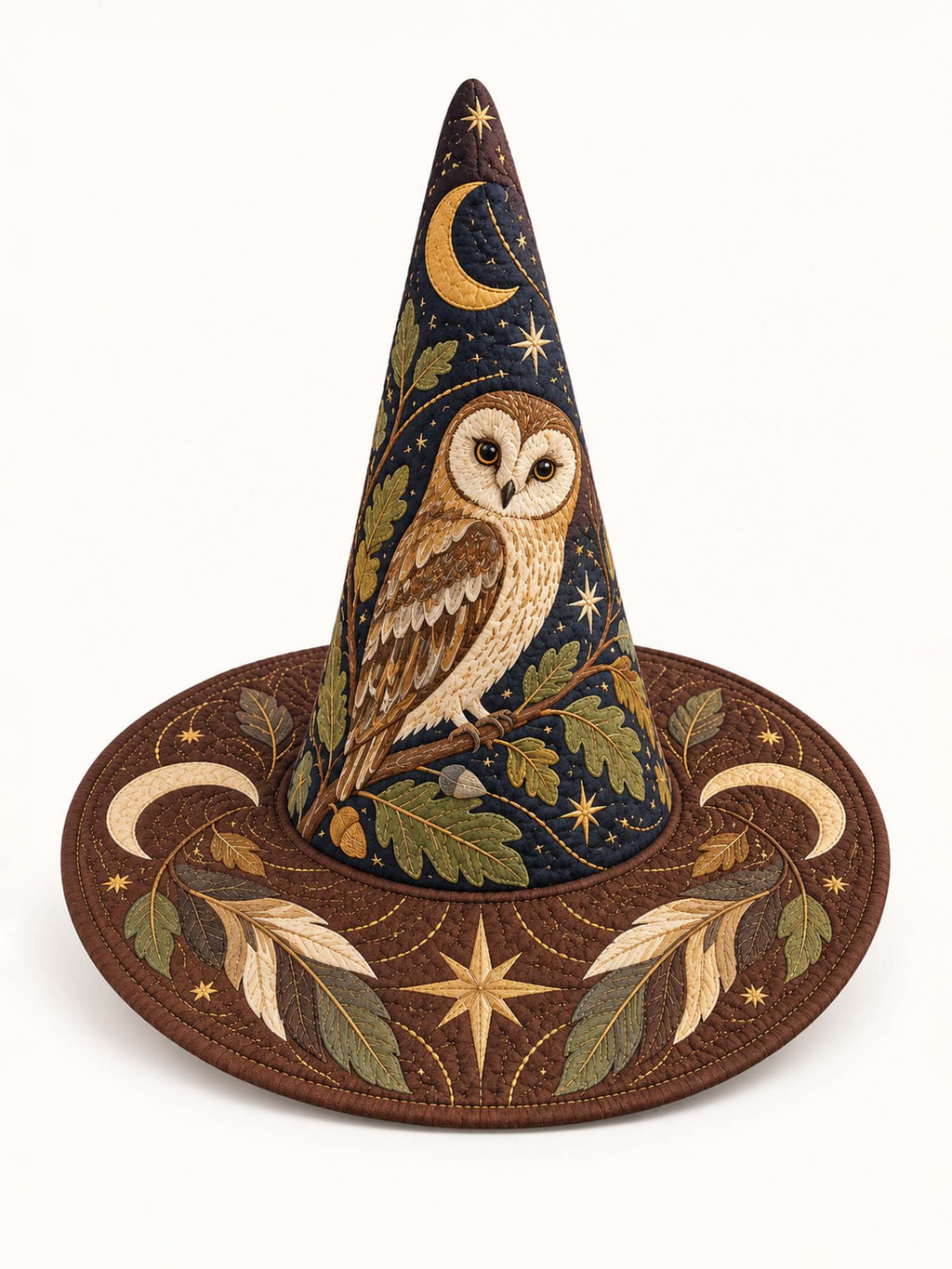 Woodland Owl quilted witch hat – owl among leaves