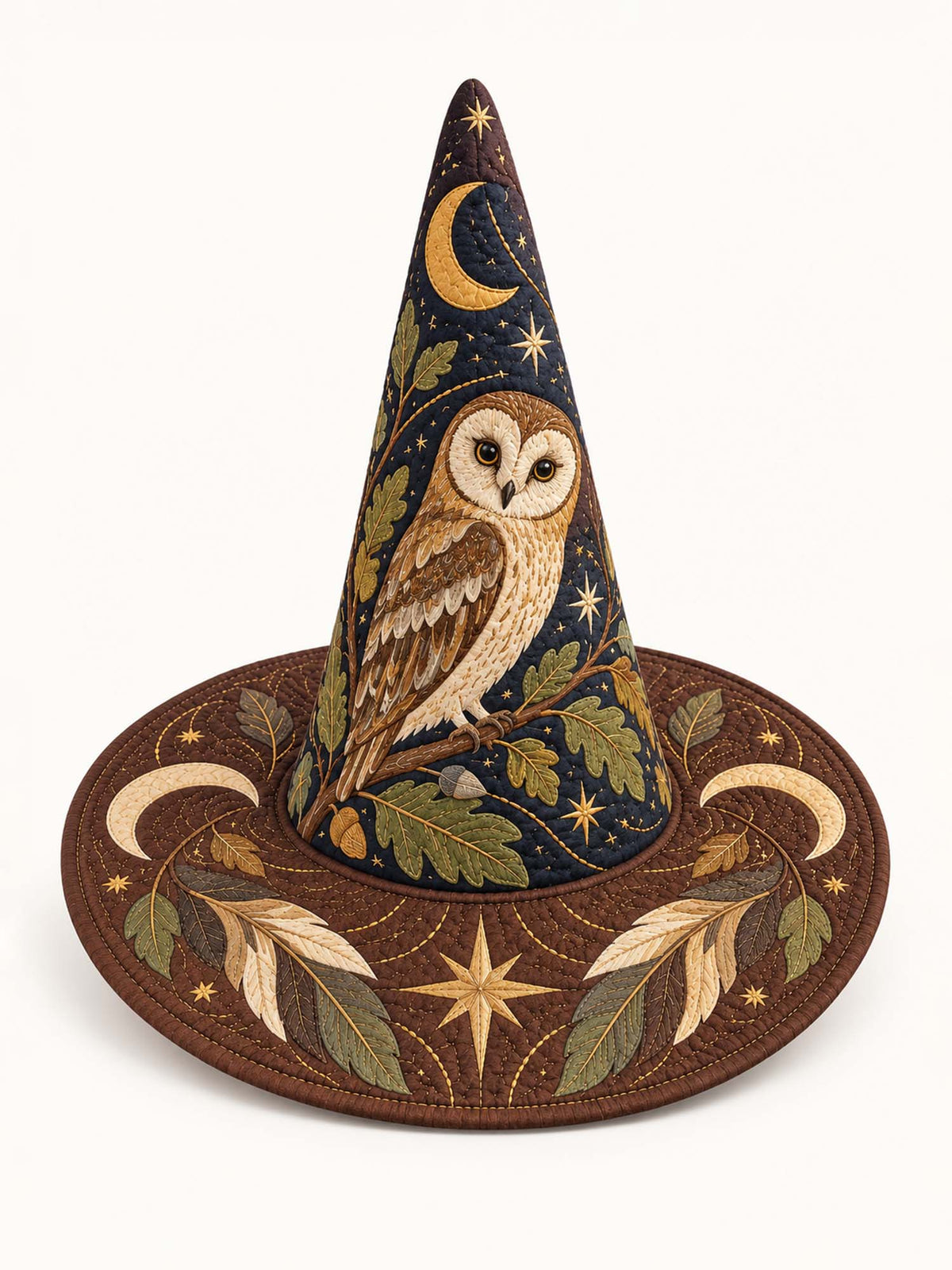 Woodland Owl quilted witch hat – owl among leaves