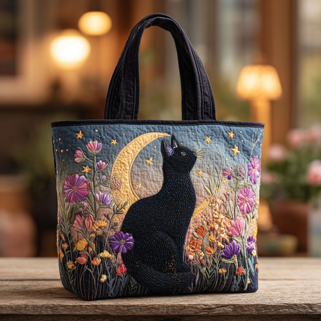Moonlit Garden Cat quilted tote bag – cat and moon