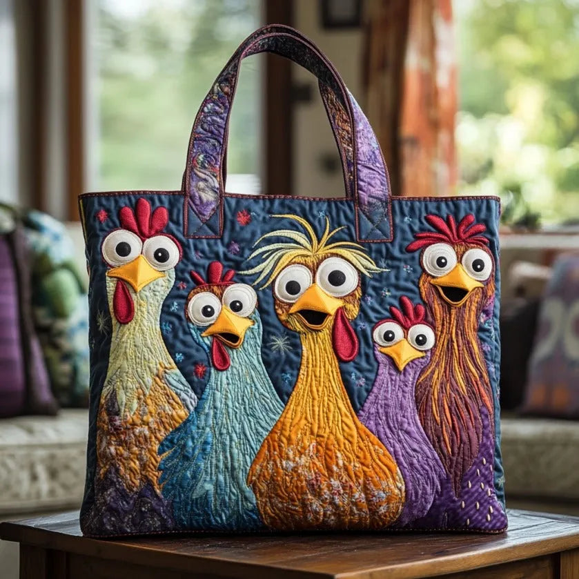 Artisan quilted tote bag with the Five Colourful Hens design, five hens standing in a row in rust, ochre, slate and cream.