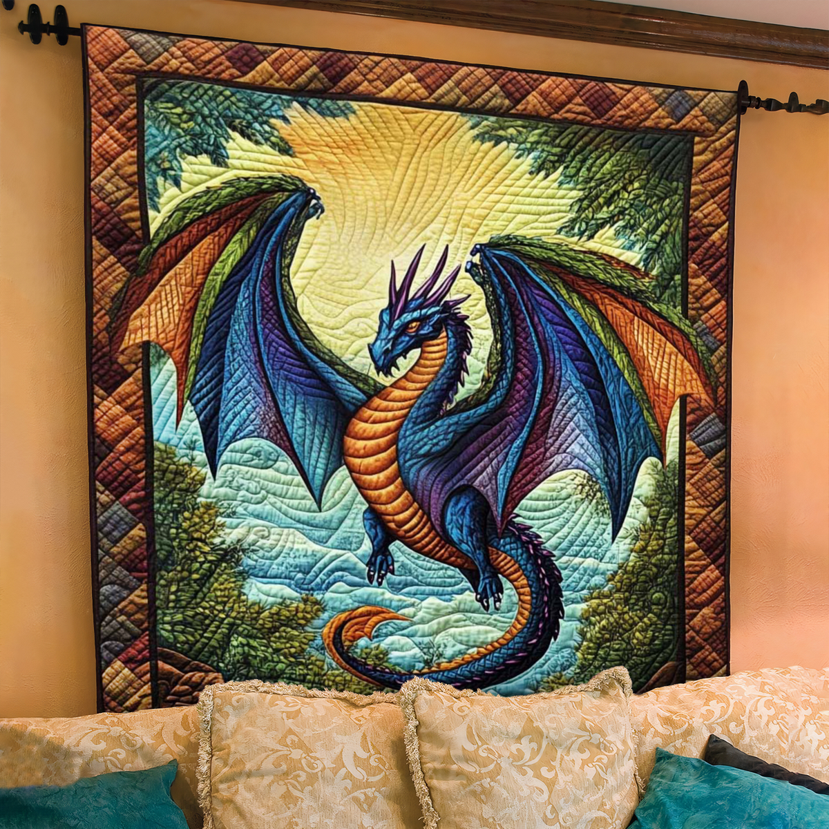 Quilted Throw - Blue and Orange Dragon – view 3