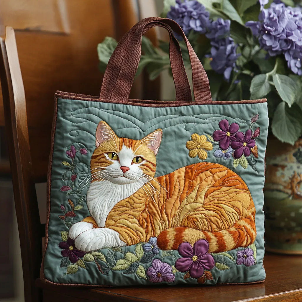 Artisan quilted tote bag with a Ginger Cat sitting square on, green eyes level and striped tail tucked round him