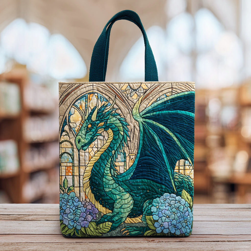 Dragon Whisper quilted tote bag – green dragon by window