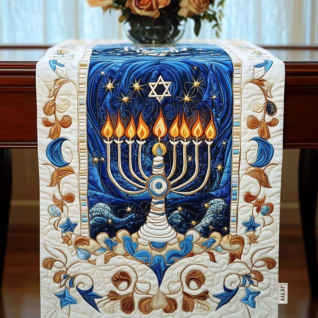 Menorah Light quilted table runner – golden menorah on deep blue