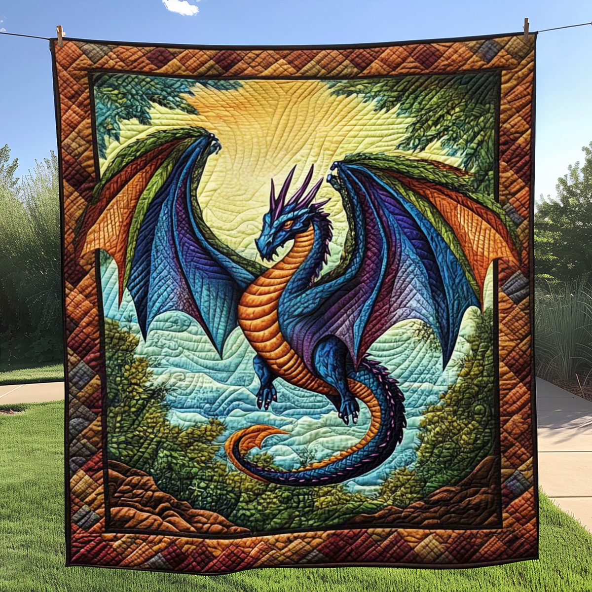 Quilted Throw - Blue and Orange Dragon – view 2