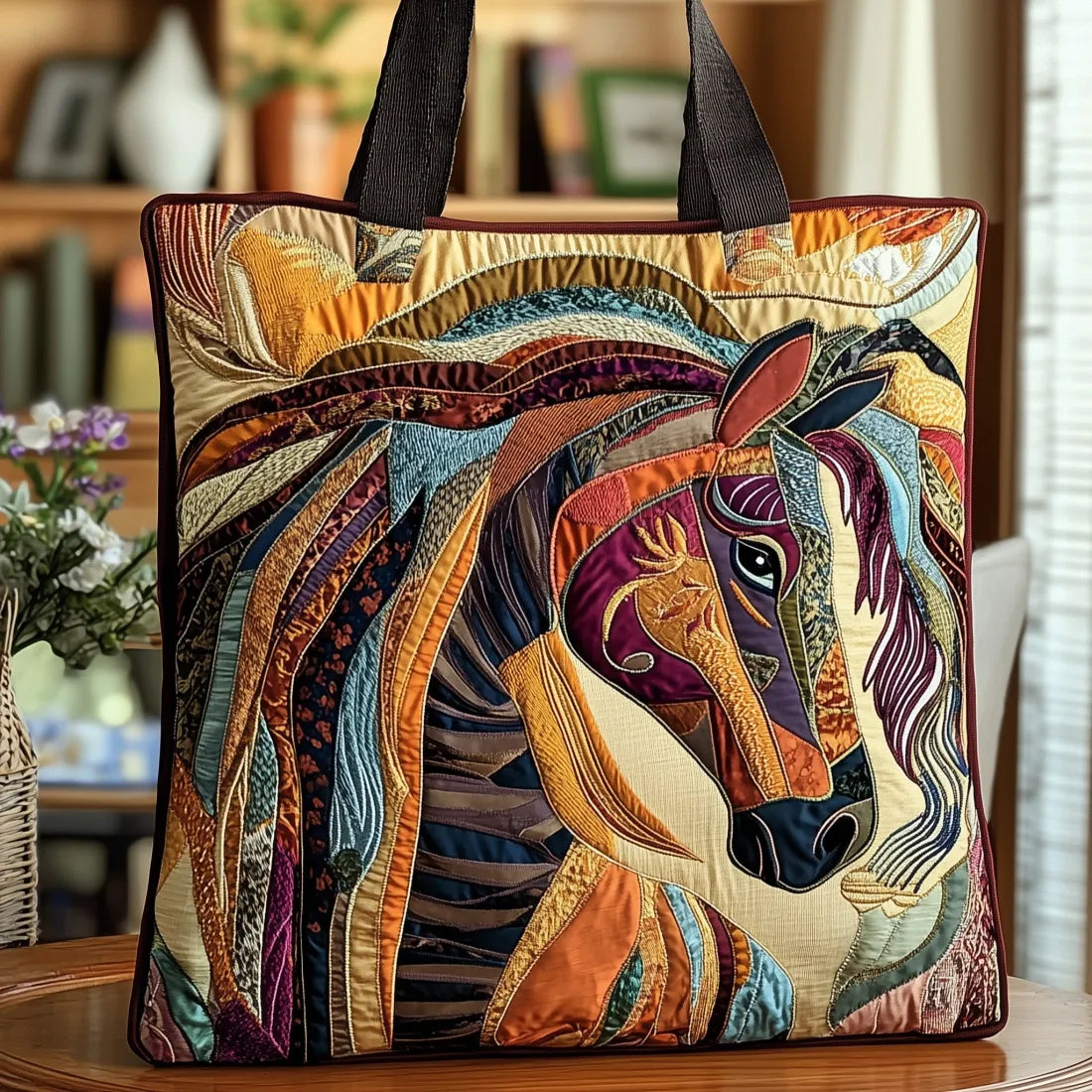 Artisan quilted tote bag with a Mosaic Horse design, a horse's head built from hundreds of small bright tiles set like stained glass