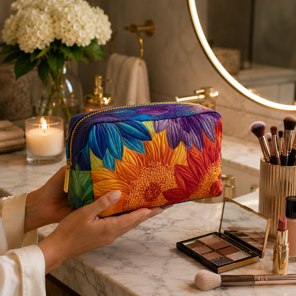Close-up of a quilted make-up bag with the Summer Bloom sunflower design, showing the wave-stitch quilting through the padded fabric