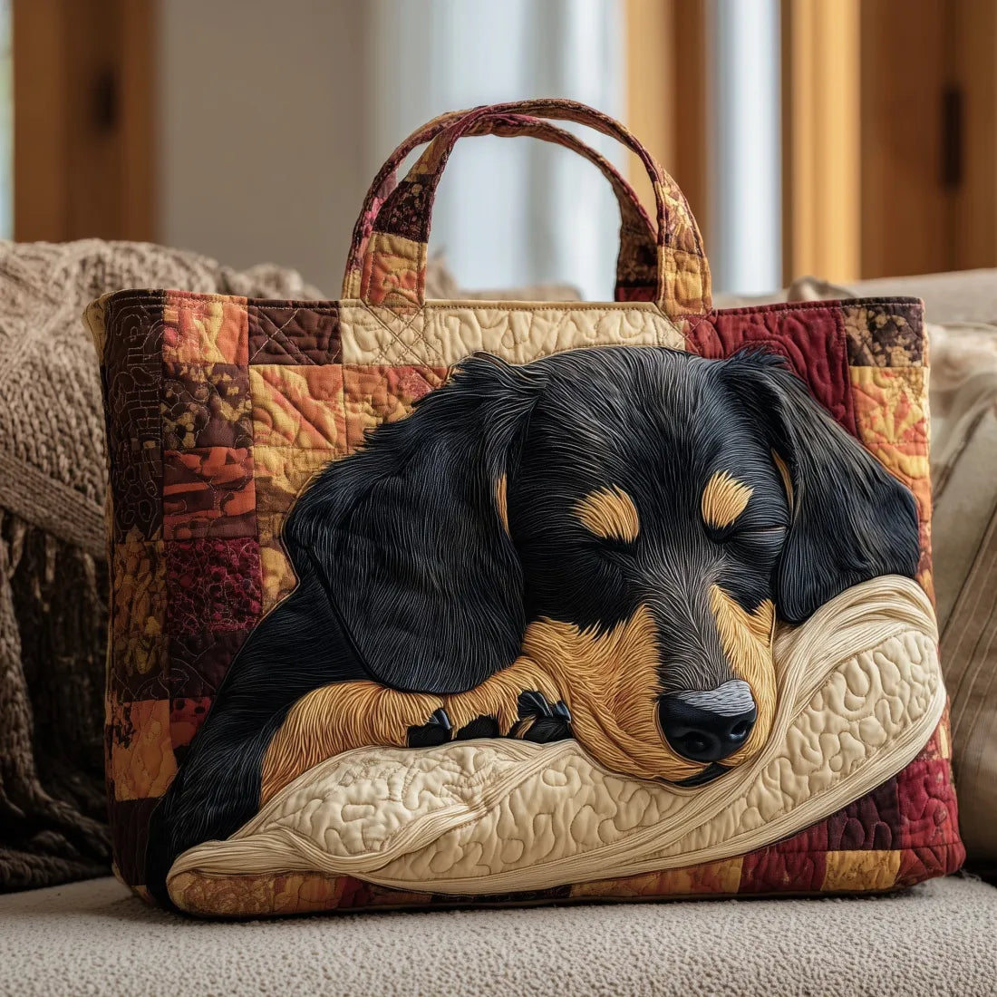 Artisan quilted tote bag with a Dachshund in full profile, long body and short legs with soft ears against a warm background