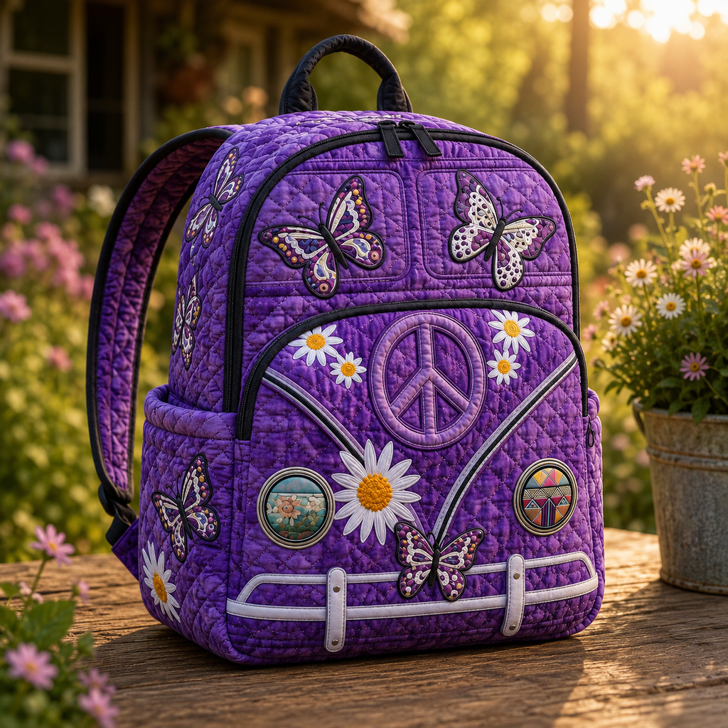 Artisan quilted backpack with a camper van amongst butterflies caught mid-flight, wings open