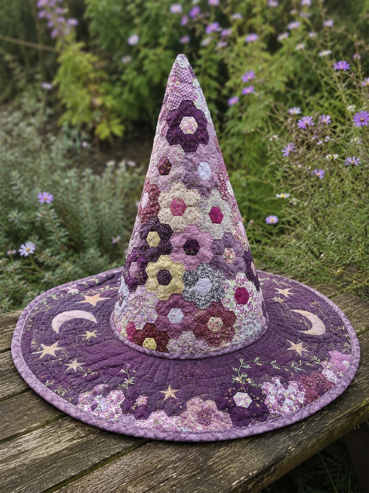 Quilted Witch Hat - Lilac Hexagon Flowers – view 3