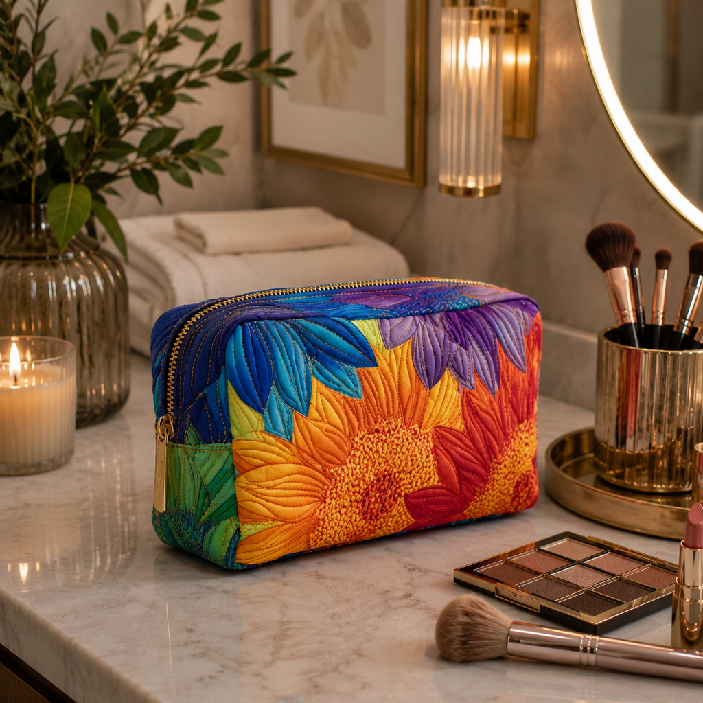 Quilted make-up bag with the Summer Bloom sunflower design, showing the zip closure running along the top edge