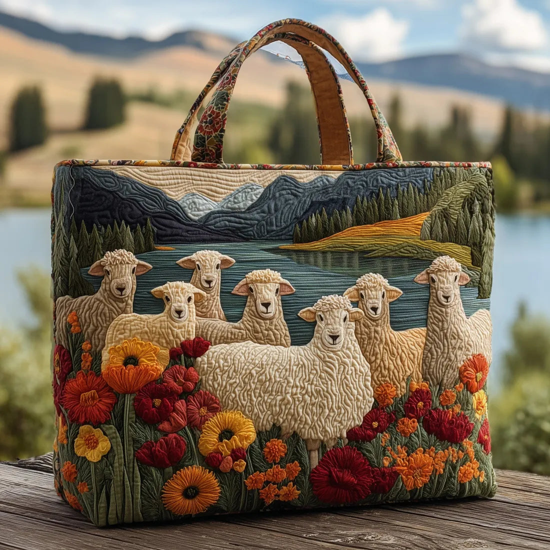 Artisan quilted tote bag with a small flock of sheep grazing at the edge of still water beneath low hills and a soft open sky