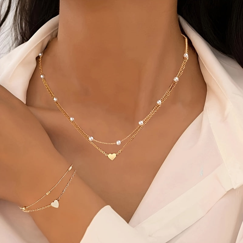 Necklace & Bracelet Set - Pearls & Heart