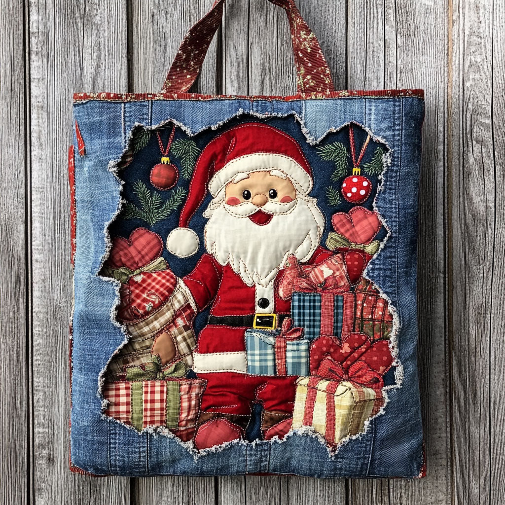 Patchwork Santa quilted tote bag – santa with tartan gifts