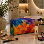 Quilted make-up bag with the Summer Bloom sunflower design, shown from the other side with the print continuing across the back