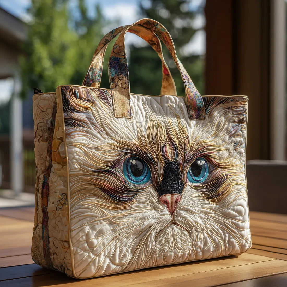 Artisan quilted tote bag with a white cat with clear blue eyes, fur shaded in pale cream and grey