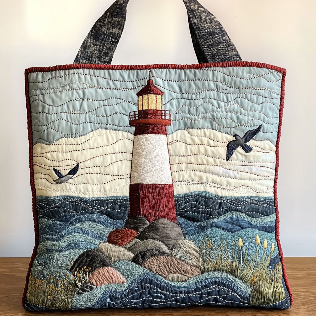 Seaside Lighthouse quilted tote bag – lighthouse on rocks