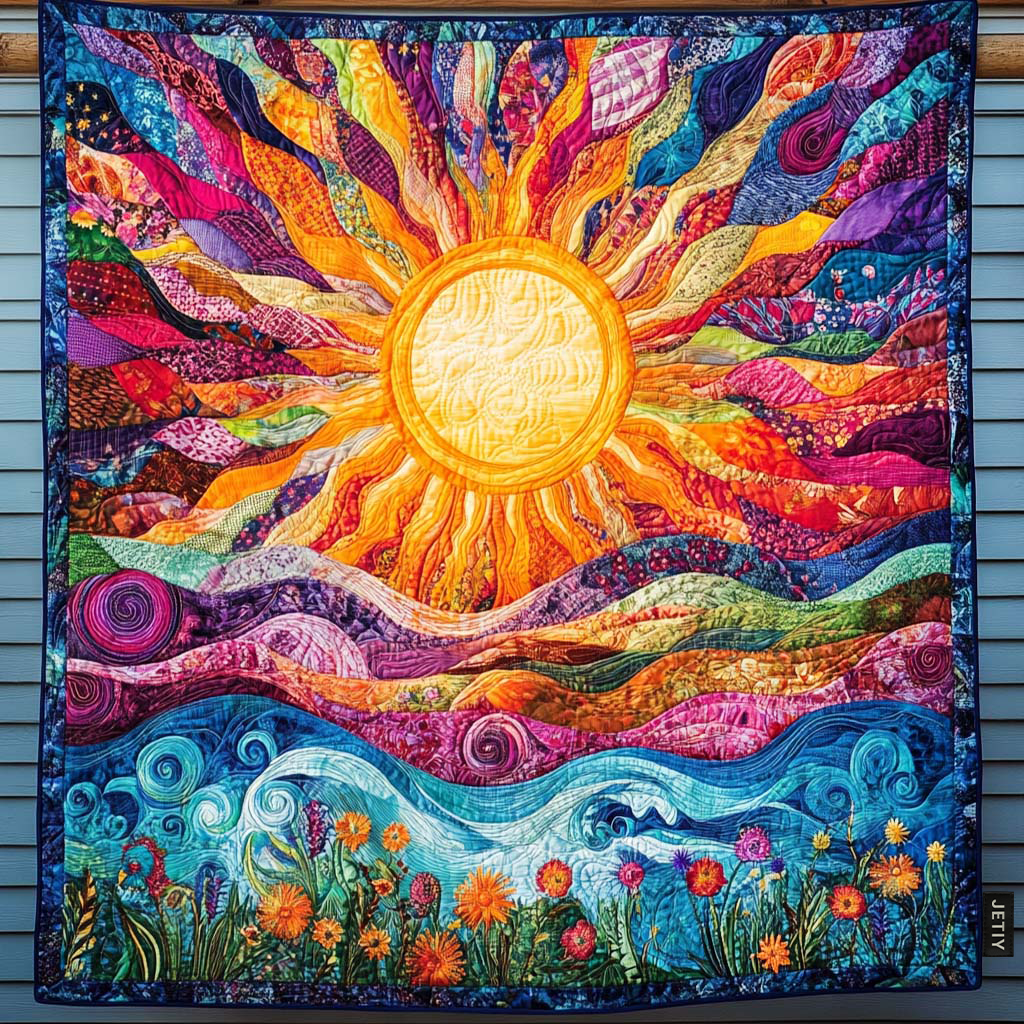 Sun over the Sea quilted throw – golden sun over colourful waves