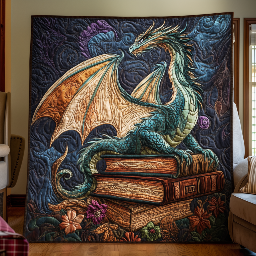 Quilted Throw - Green Dragon and Books – view 2