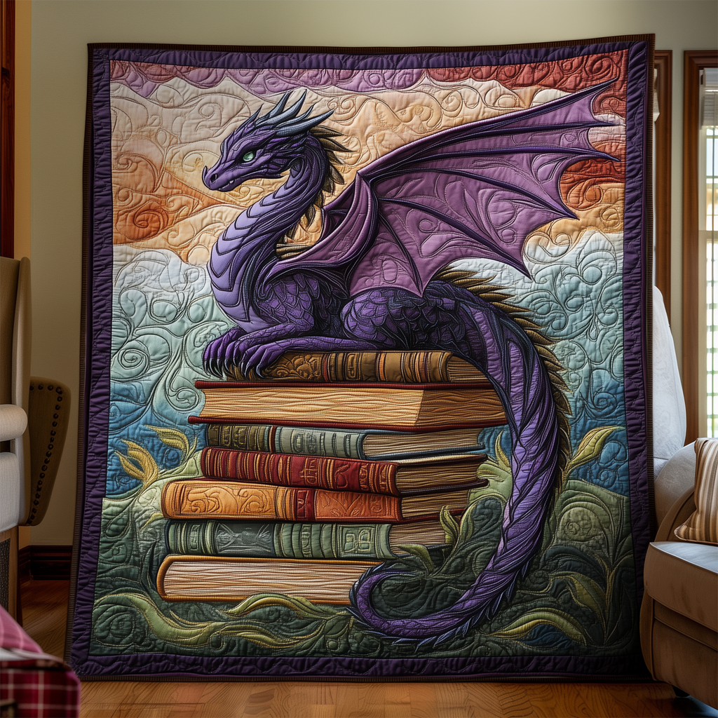 Quilted Throw - Purple Dragon on a Book Stack – view 2