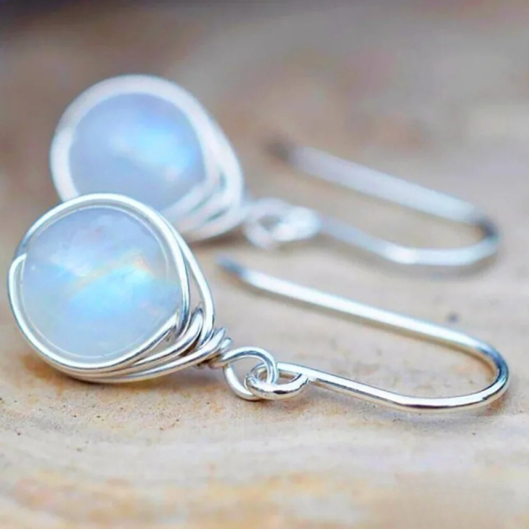 Silver-tone drop earrings with round moonstone-effect beads
