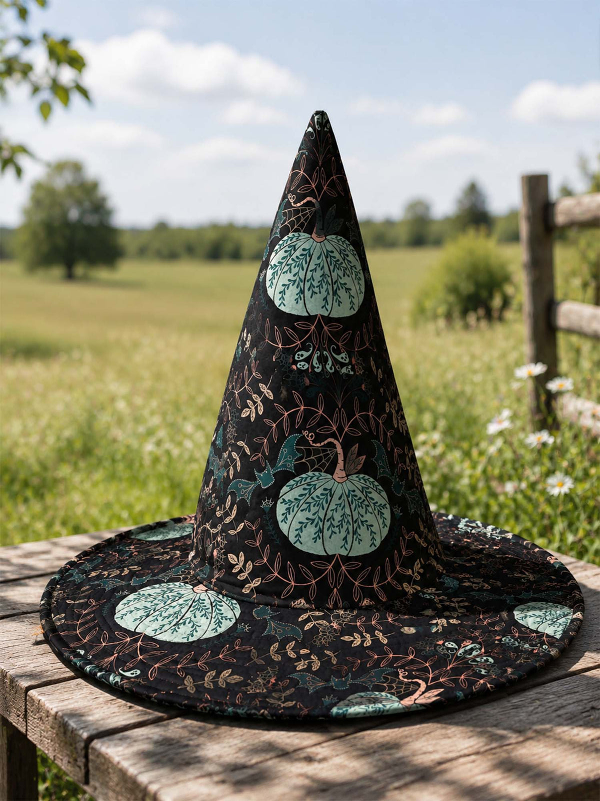 Teal Pumpkin Vines quilted witch hat – teal pumpkins