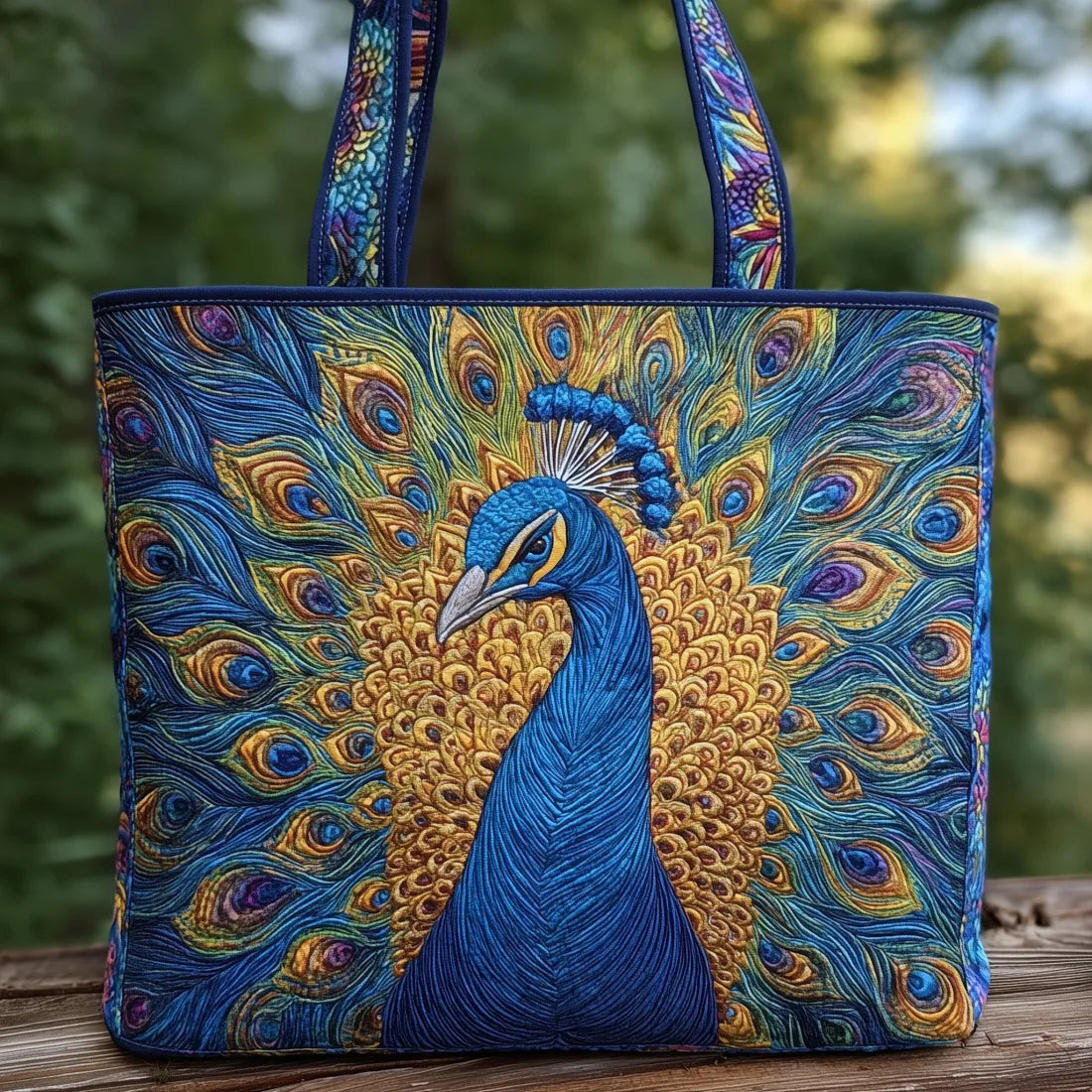 Artisan quilted tote bag with a peacock in full display, tail fanned in deep teal, blue and gold