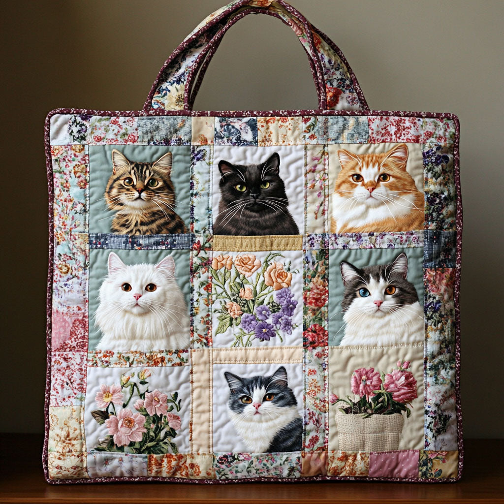 Cosy Flower Cats quilted tote bag – cat patchwork