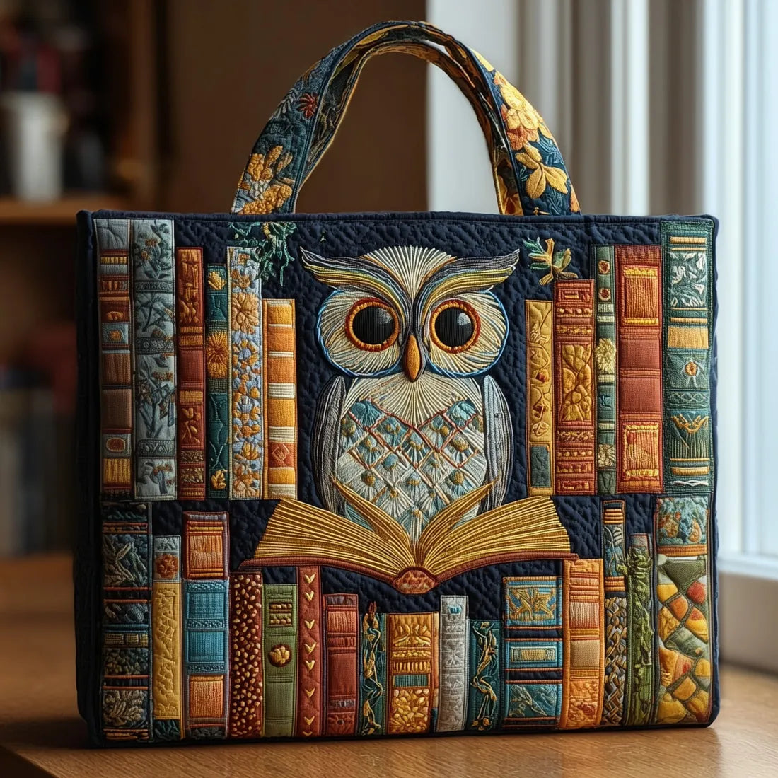 Artisan quilted tote bag with the Owl and Vintage Books design, a tawny owl perched on a pile of vintage books.