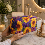 Close-up of a quilted make-up bag with the Sun Charm sunflower design, showing the wave-stitch quilting and the zip pull