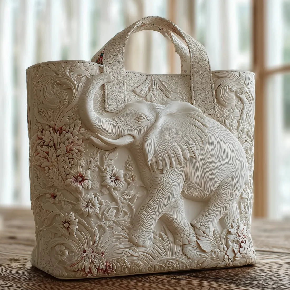 Artisan quilted tote bag with an elephant in profile, ears spread wide and hide shaded in soft greys