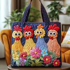 Funny Chickens in Bloom quilted tote bag – chickens in flowers