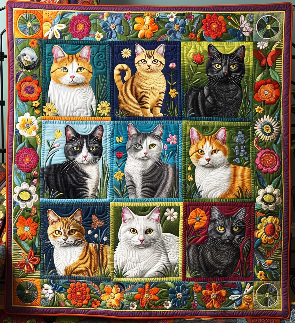 Cat Portrait Patchwork quilted throw – cats in squares with a bright floral border