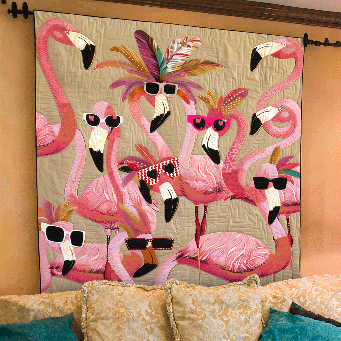 Flamingo Party art quilt – flamingos in sunglasses