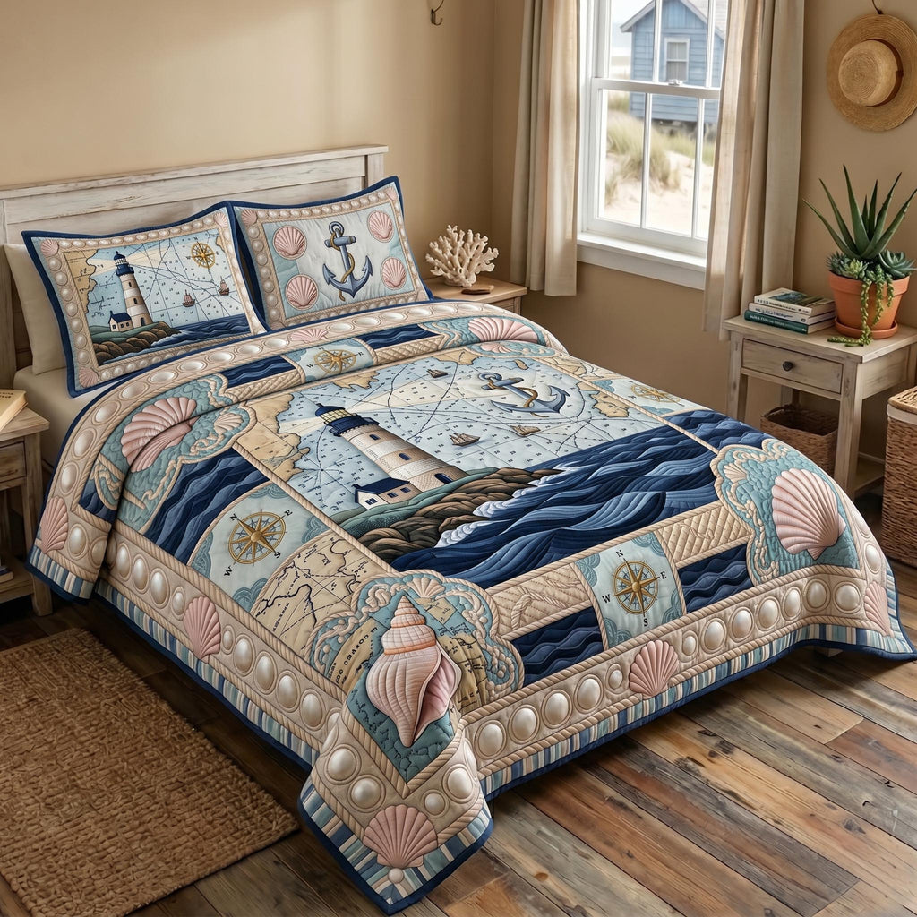The Nautical Escape quilted bedspread set on a made bed