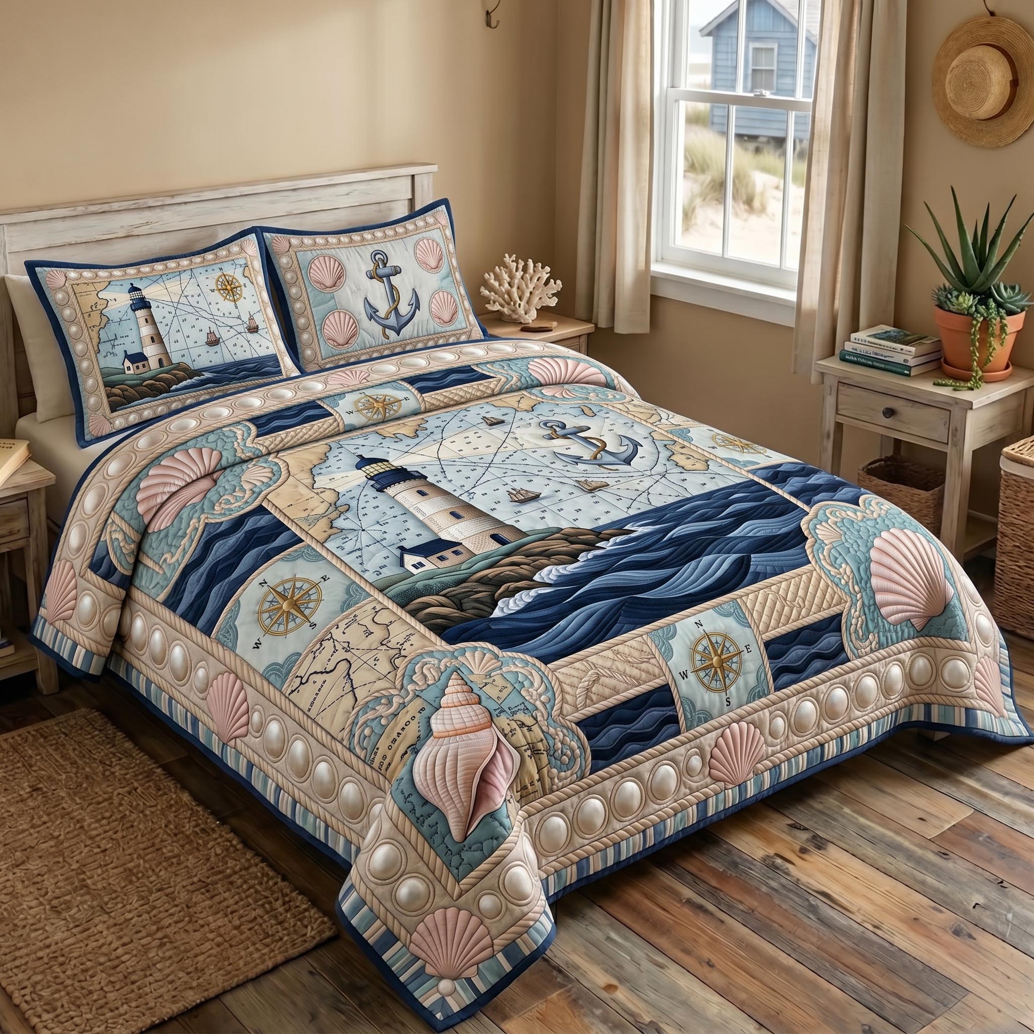 The Nautical Escape quilted bedspread set on a made bed
