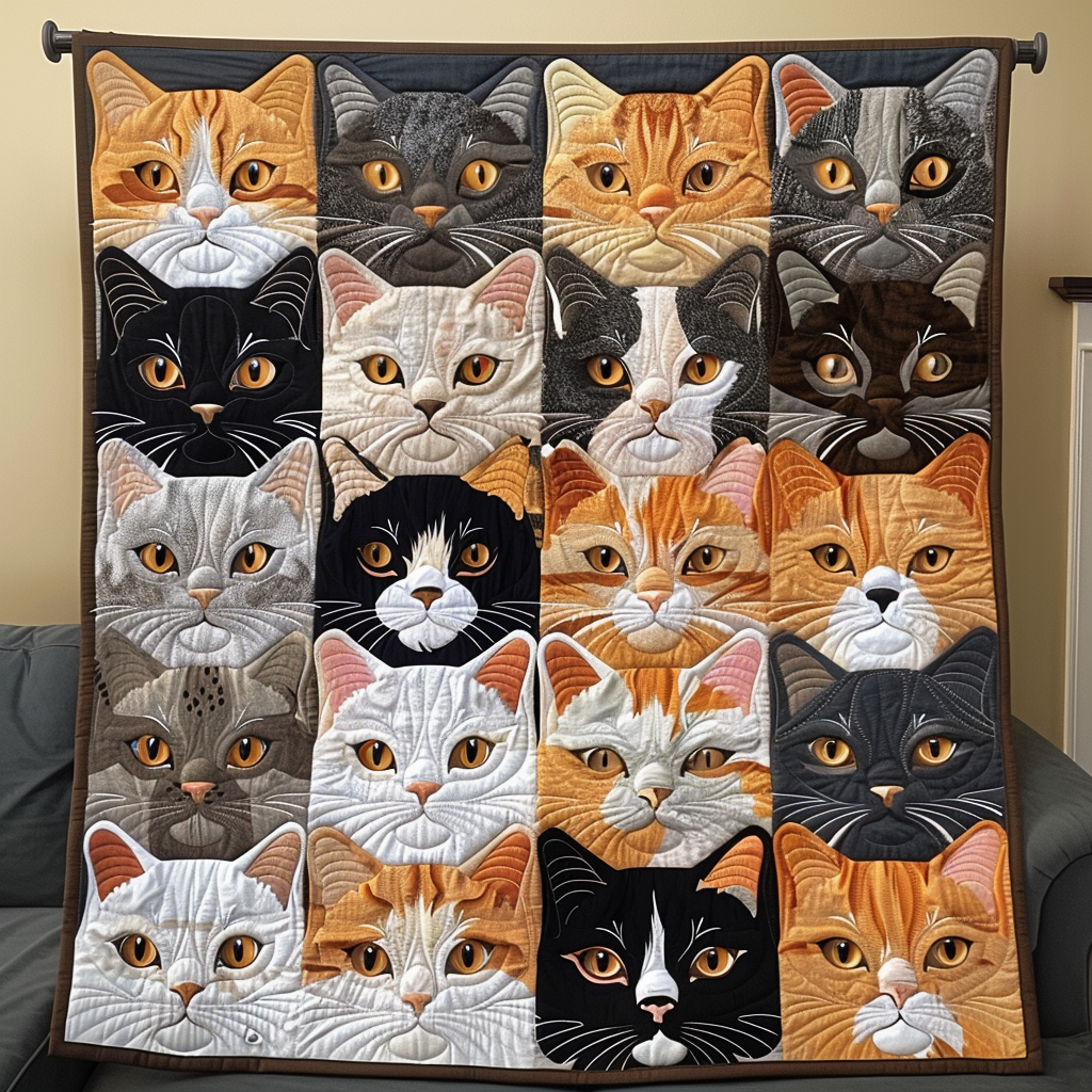 Cat Face Grid quilted throw – rows of cat faces in neat squares