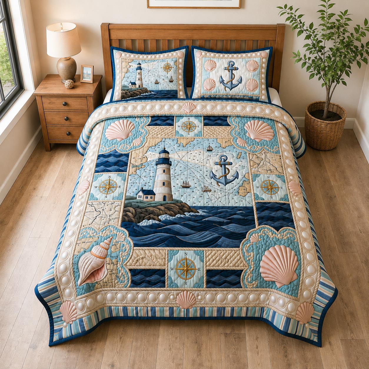 Two matching pillow shams from the Nautical Escape quilted bedspread set