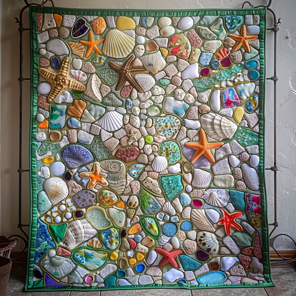 Pebble Beach quilted throw – pebbles, sea glass and starfish