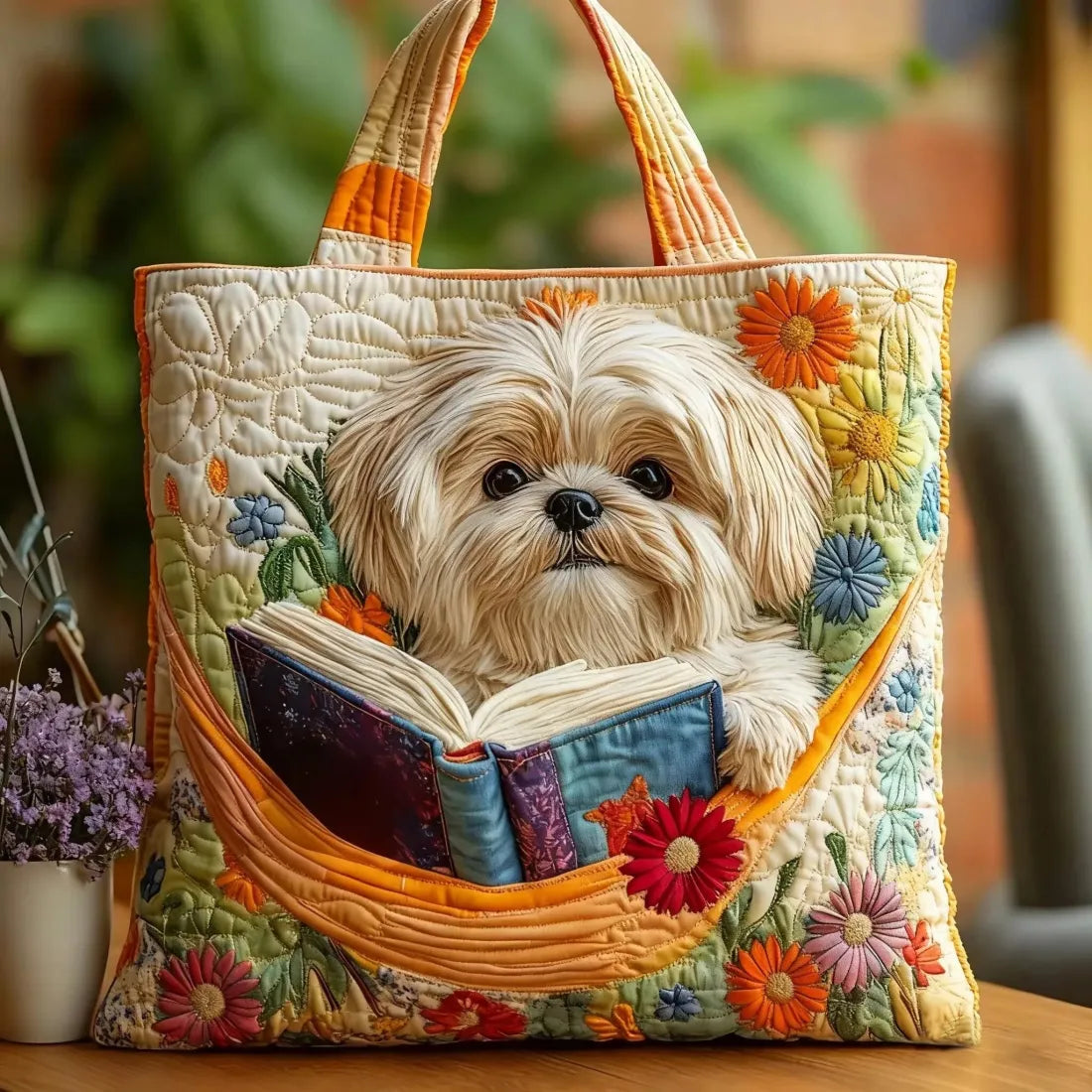 Artisan quilted tote bag with the Shih Tzu with Books and Flowers design, a shih tzu amongst books and pink and cream blooms.