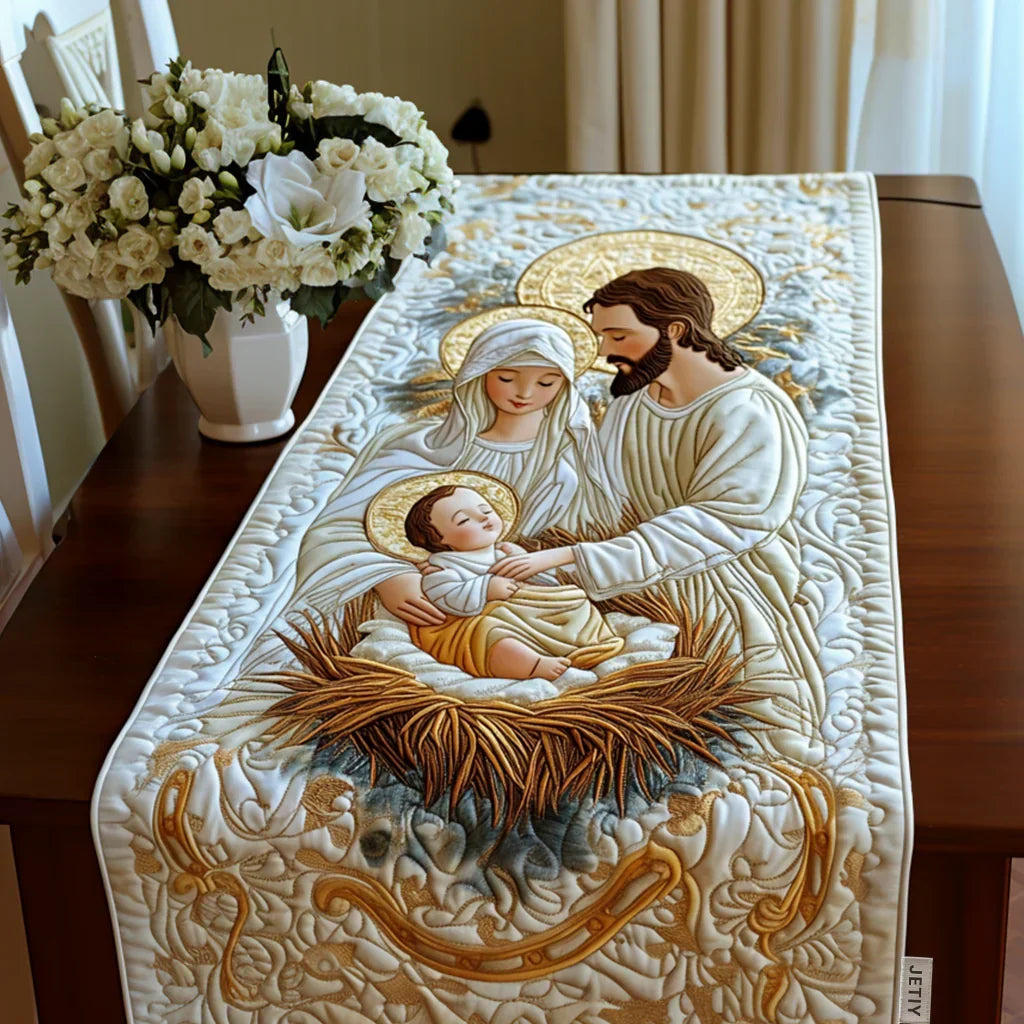 Quilted table runner with a Bethlehem Starlight design of one bright star above the rooftops of Bethlehem, its rays crossing a deep blue night sky