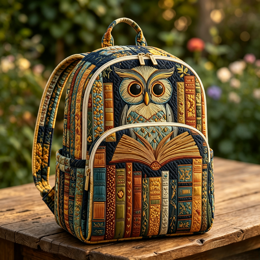 Bookshelf Owl quilted backpack – owl on a bookshelf