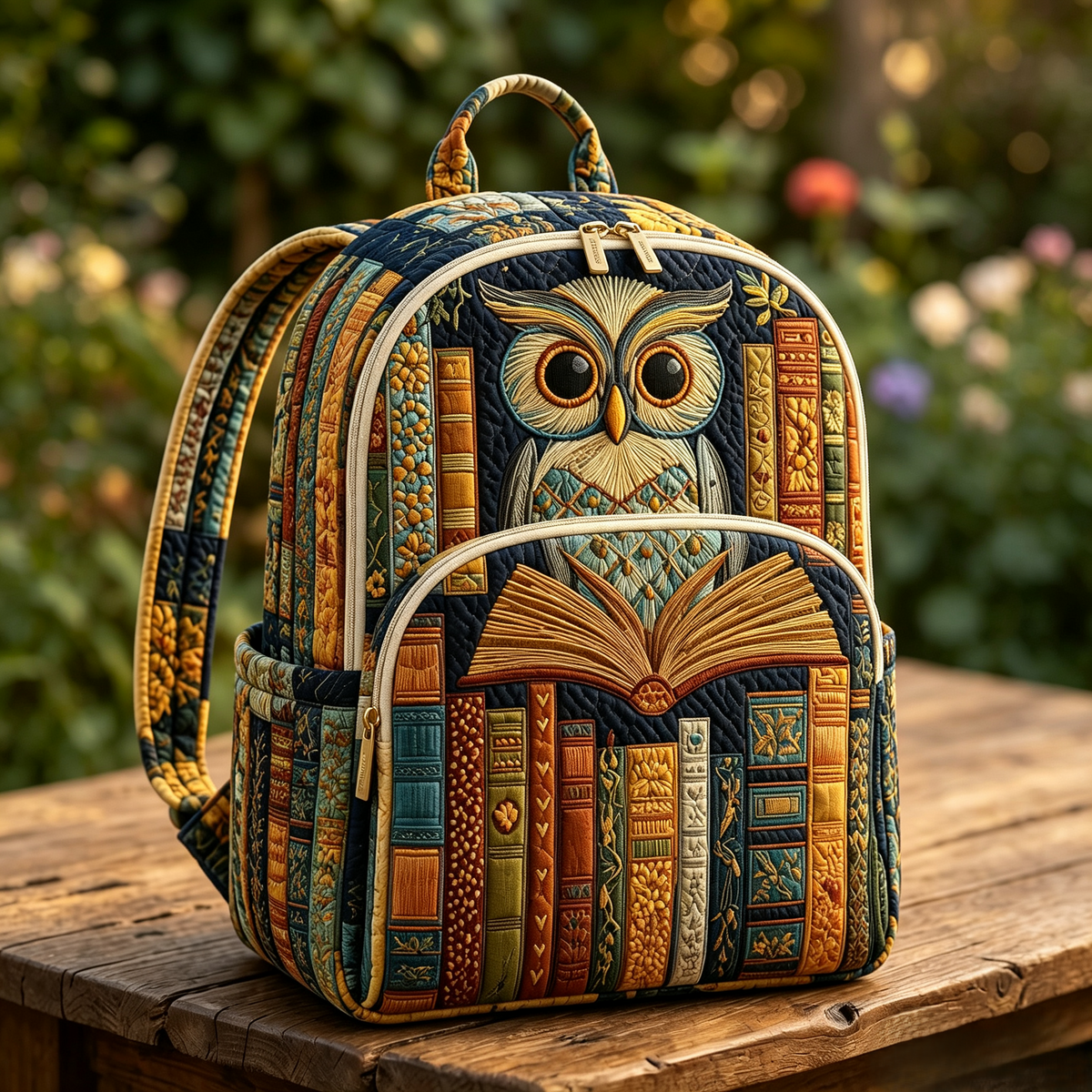 Bookshelf Owl quilted backpack – owl on a bookshelf